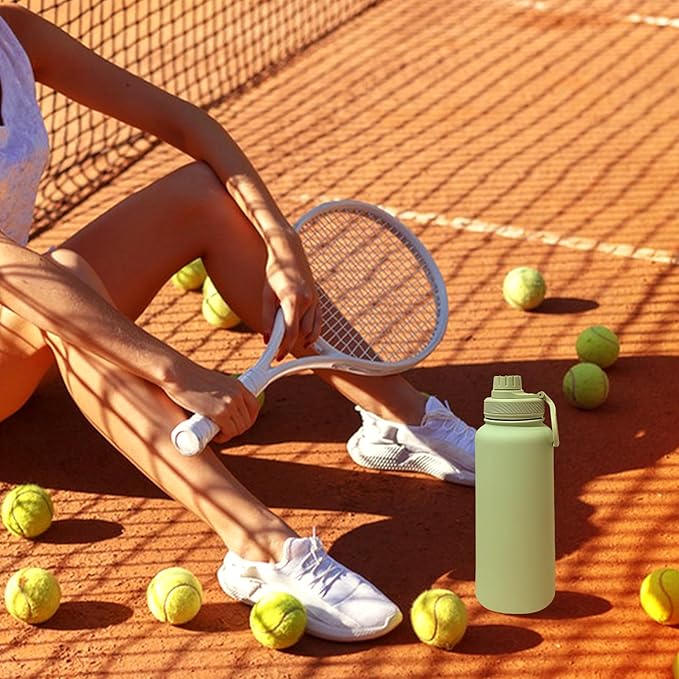 Mint Green 32 OZ Insulated Water Bottle, Large Metal Insulated Stainless Steel Water Flask, Big Sports Travel Water Bottle with 2 Lids, Insulated Sage Green Thermos Thermal Mug Cup