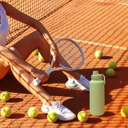 Mint Green 32 OZ Insulated Water Bottle, Large Metal Insulated Stainless Steel Water Flask, Big Sports Travel Water Bottle with 2 Lids, Insulated Sage Green Thermos Thermal Mug Cup