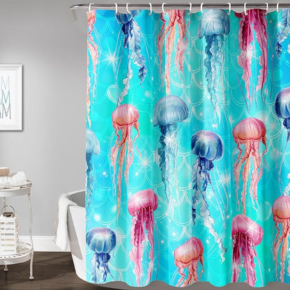 AILONEN Jellyfish Shower Curtain for Bathroom, Ocean Mermaid Scale Printed Bath Curtain,Modern Minimalist Blue Waterproof Fabric Shower Curtain Set with Hooks 60" W*72" H