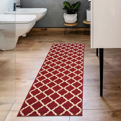 Machine Washable Elegant Trellis Design Non-Slip Rubberback 2x5 Traditional Runner Rug for Hallway, Kitchen, Bedroom, Entryway, 20" x 59", Red