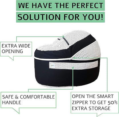 2 Sizes in 1 Stuffed Animal Storage Bean Bag Chair Cover for Kids & Adults | Washable XL Stuffie Seat | 100% Cotton | Pouf Organizer for Plush Toys, Linens, Quilts & Pillows | Black & White