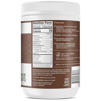 Primal Kitchen Chocolate Collagen Fuel Drink Mix, Chocolate Coconut Collagen Peptides, No Sugar or Dairy, 20 Ounces