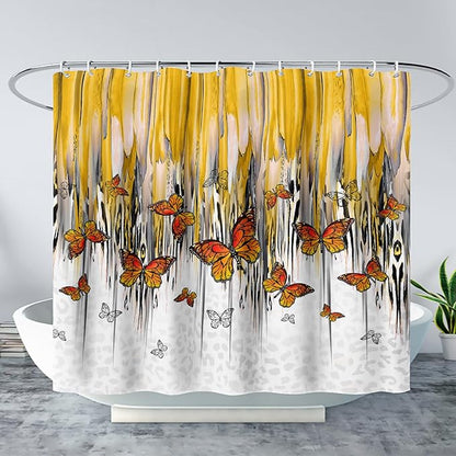 AILONEN Butterfly Shower Curtain for Bathroom Yellow Ink Fluid Painting Grey Leopard Bath Curtain 60" W*72" H Polyester Fabric Waterproof Bathroom Curtain with 12 Hooks