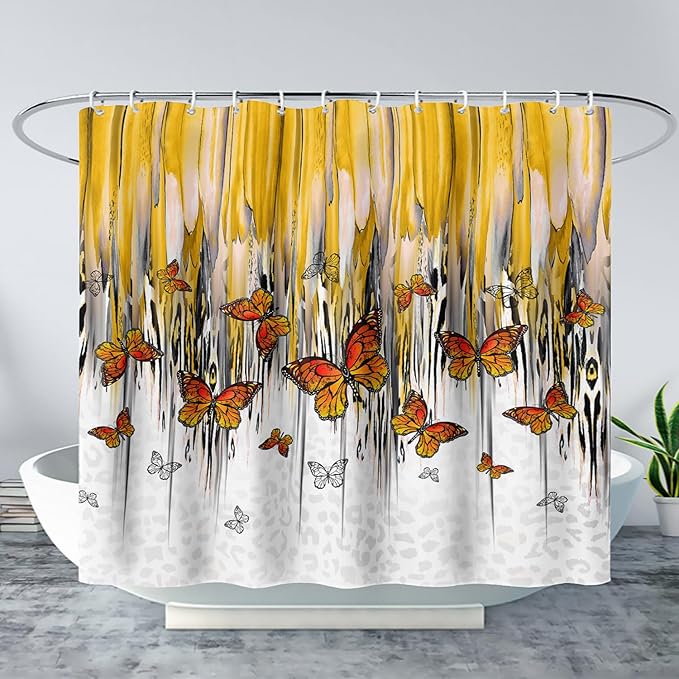 AILONEN Butterfly Shower Curtain for Bathroom Yellow Ink Fluid Painting Grey Leopard Bath Curtain 36" W*72" H Polyester Fabric Waterproof Bathroom Curtain with 12 Hooks