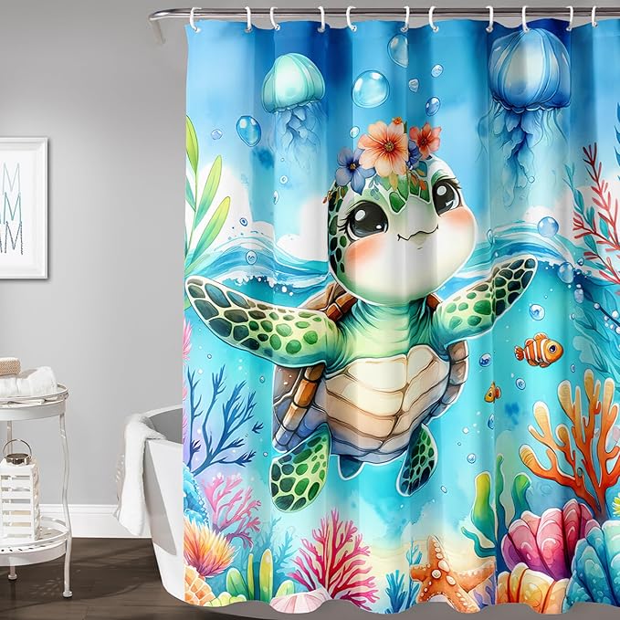 AILONEN Sea Turtle Shower Curtain for Bathroom,Cute Ocean Turtle Shower Curtain with 12 Plastic Hooks,Colorful Coral Jellyfish Print Bath Curtain Polyester Waterproof 60" W*72" H
