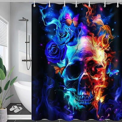 AILONEN Sugar Skull Shower Curtain,Blue Rose Flower Skull Bath Curtain,3D Printed Fire Skull Waterproof Curtain,Galaxy Butterfly Shower Curtain for Bathroom 60" W x 72" H