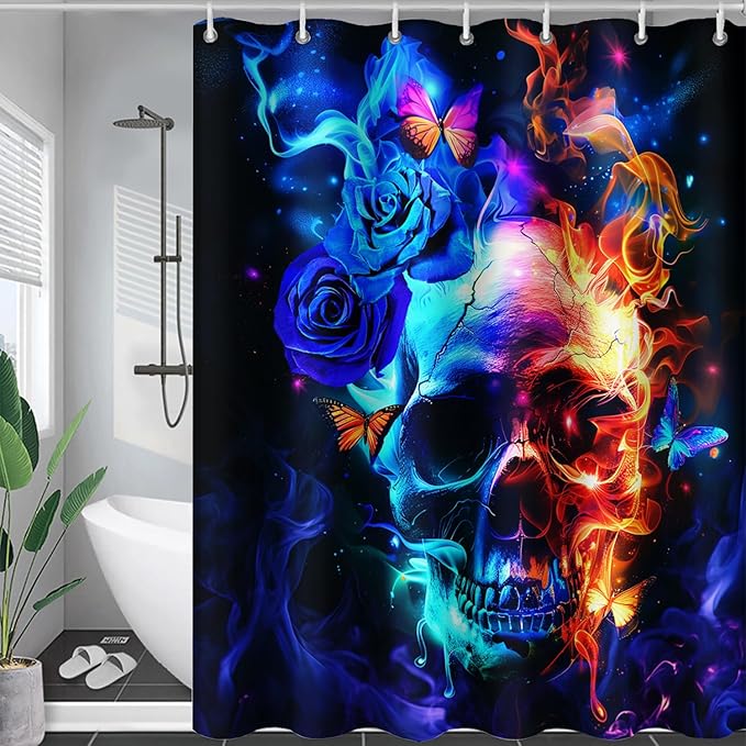 AILONEN Sugar Skull Shower Curtain,Blue Rose Flower Skull Bath Curtain,3D Printed Fire Skull Waterproof Curtain,Galaxy Butterfly Shower Curtain for Bathroom 48" W x 72" H