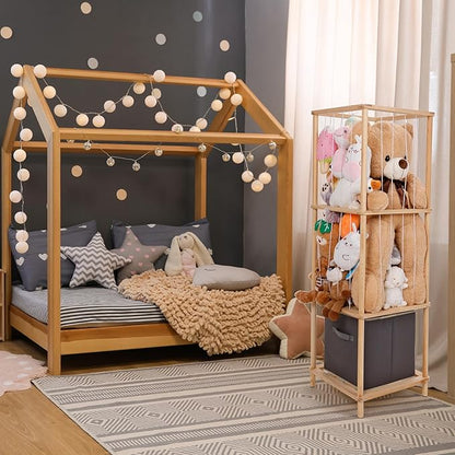 ACEPRUT Wood Stuffed Animal Storage Holder with Storage Basket, Space Save Three Tier Vertical Large Stuffed Animal Zoo Organizer for Playroom Bedroom, Toy Storage Birthday Gifts for Kids