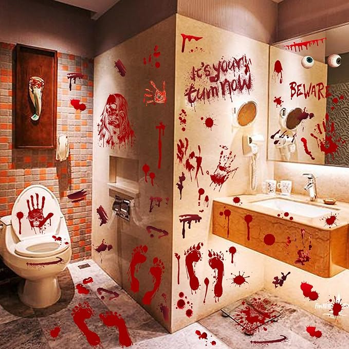 Halloween Horror Blood Seal Window Clings Stickers Decoration Bloodstain Skull Footprint Design Halloween Window Cling Decal Double Sided Static Removable Halloween Glass Window Stickers Supplies