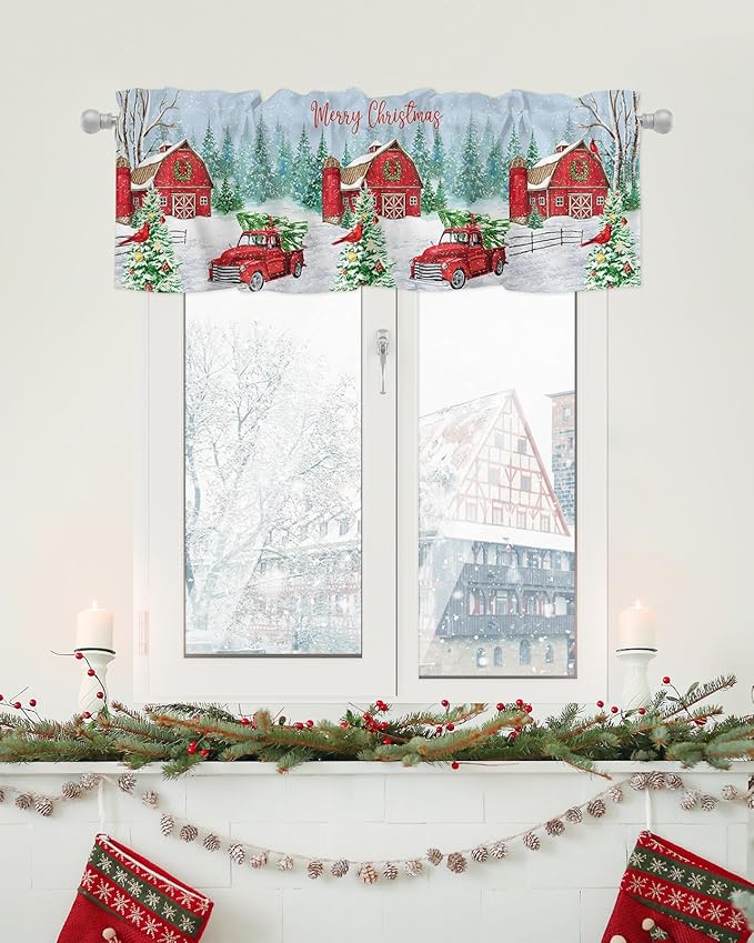 Red Truck Christmas Valance Curtains for Kitchen Windows Merry Christmas Farmhouse Rod Pocket Window Treatment Toppers for Kitchen/Living Room/Bedroom/Bathroom, 60" X 18", Winter Xmas Tree