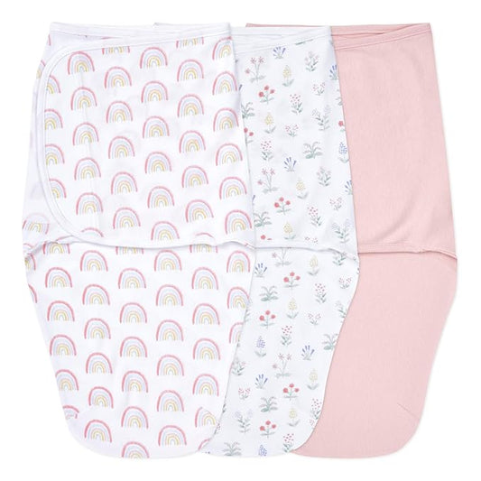 aden + anais Easy Swaddle Wrap, Newborn Wearable Swaddle Blanket, Adjustable Fasteners, 100% Cotton, 3 Pack, 0-3 Months, Spring Flower
