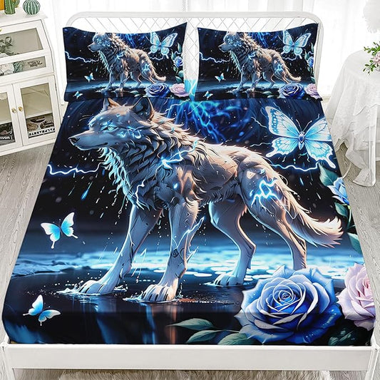 AILONEN Wolf Fitted Sheet Set Twin Size, Blue Lightning Wolf Butterfly Safari Wolf Bed Sheet Set,3 Pieces Teen Boys Sheet Set,Cool Wolf Fitted Sheet with 2 Pillowcases
