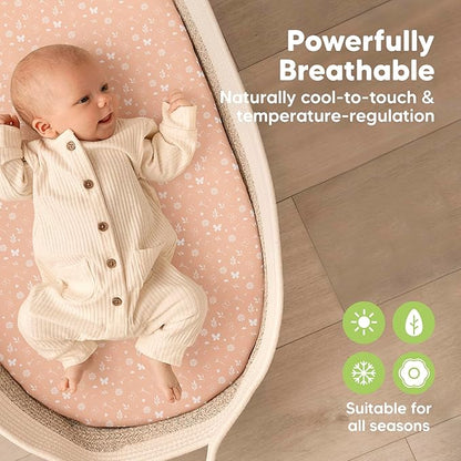 2-Pack Baby Bassinet Sheets Girl,Boy - Viscose Derived from Bamboo Fitted Bassinet Sheets Compatible with Halo Bassinest Swivel Sleeper,Baby Delight,Graco Bedside Bassinet Mattress Sheet (Butterflies)