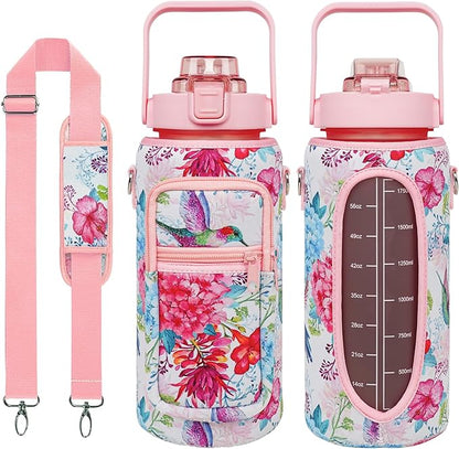 Hummingbird Half Gallon Water Bottle with Sleeve Water Bottle 64 Oz Water Bottle with Time Marker, Leakproof-Free Drinking Water Bottle, Sports Water Bottle Half Gallon Water Jugs