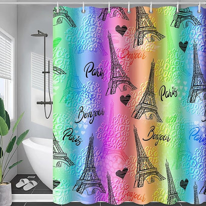 AILONEN Rainbow Shower Curtain for Bathroom, Rainbow Gradient Eiffel Tower Printed Bath Curtain,Women Girls Kids Minimalist Waterproof Fabric Shower Curtain Set with Hooks 72" W*84" H