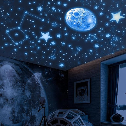 965 PCS Glow in The Dark Stars and Moon for Ceiling, Luminous Stars and Planet Wall Decals, Kids Room Decor, Glowing Galaxy Wall Stickers for Nursery Decorations (Blue)