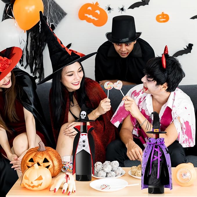 4 Pcs Halloween Wine Bottle Cover Witch Vampire Wine Clothes Dracula Wine Dress for Halloween Party Table Decor