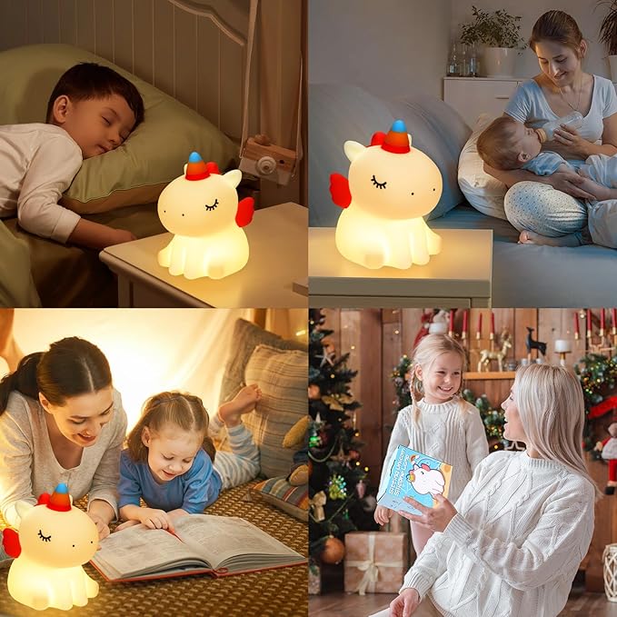 Unicorn Night Light for Kids, 3 Level Dimmable Cute Night Lamp for Girls, Led Rechargeable Squishy Silicone Small Nightlight Decor Gifts for Baby Nursery Toddler Bedroom