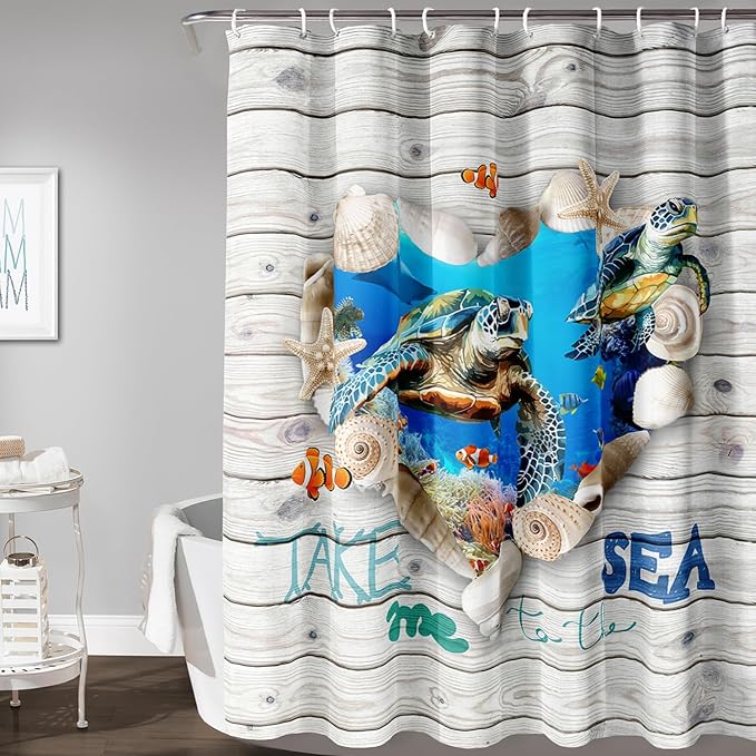 AILONEN 3D Printed Sea Turtle Shower Curtain, Ocean Coast Wooden Style Bathroom Curtain,Shell Turtle Bath Curtain,72" W*84" H Polyester Waterproof Bathroom Curtain with 12 Hooks