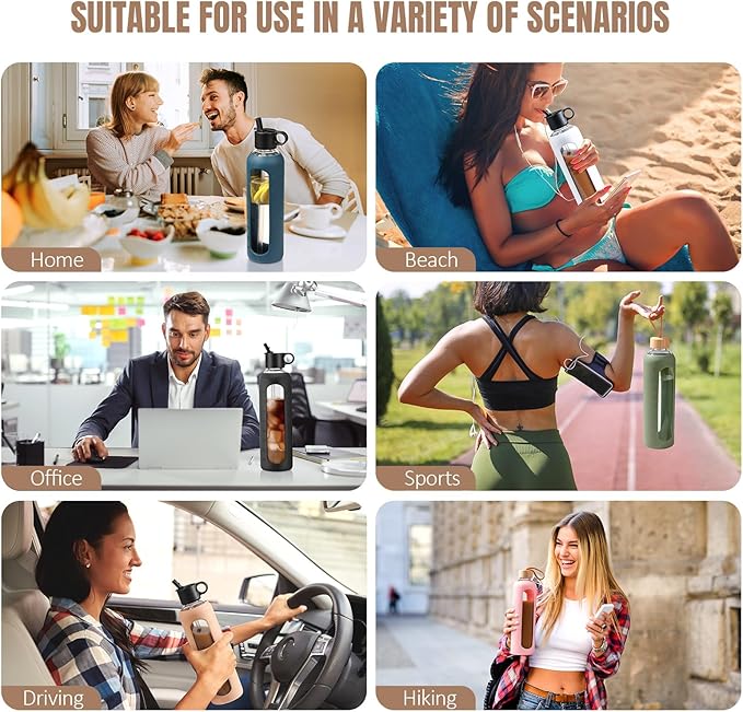 32oz Glass Water Bottle With 2 Lids-Flip Straw Lid, Bamboo Lid, Glass Water Bottle With Silicone Sleeve, Motivational Time Marker, Glass Juice Bottle for Cold Drink,Amber