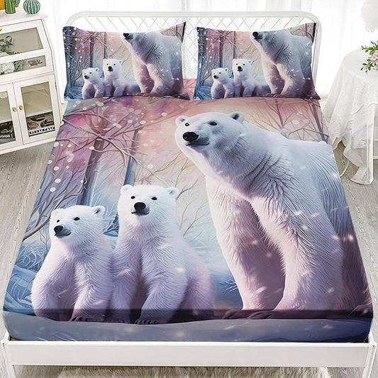 AILONEN Polar Bear Fitted Sheet Set Twin Size, Arctic Animals Bedding Winter Snow Bear Kawaii Kids Bed Sheet with 2 Pillowcases,3 Pieces Twin Fitted Sheet Set for Girls Boys