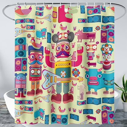 AILONEN Cartoon Robot Shower Curtain Sets,Beautiful Music Guitar Robots Theme Bathroom Decors, 72" W*78" H Cute Shower Curtain for Boys Girls Teens Kids