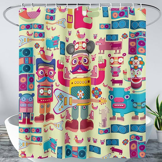AILONEN Cartoon Robot Shower Curtain Sets,Beautiful Music Guitar Robots Theme Bathroom Decors, 72" W*78" H Cute Shower Curtain for Boys Girls Teens Kids