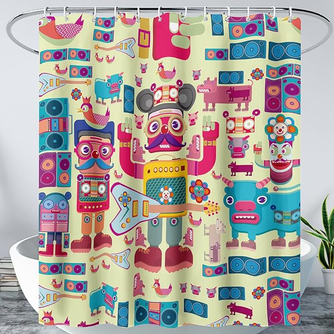 AILONEN Cartoon Robot Shower Curtain Sets,Beautiful Music Guitar Robots Theme Bathroom Decors, 72" W*84" H Cute Shower Curtain for Boys Girls Teens Kids