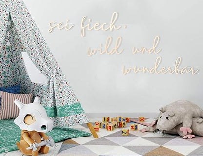 Lettering Wood Sei Frech, Wild und wunderbar - Plywood Words Sign for Decoration, Children's Room Saying Quote, Nursery Wall Art, Wooden Word Text Art (Sei Frech, Wild und wunderbar)