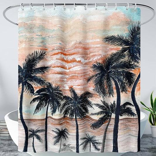 AILONEN Beach Shower Curtain,Retro Afterglow Bathroom Shower Curtain Sets for Girls Boys Teens Women, 72" W*72" H Sunset Coconut Tree Theme Bathroom Decors