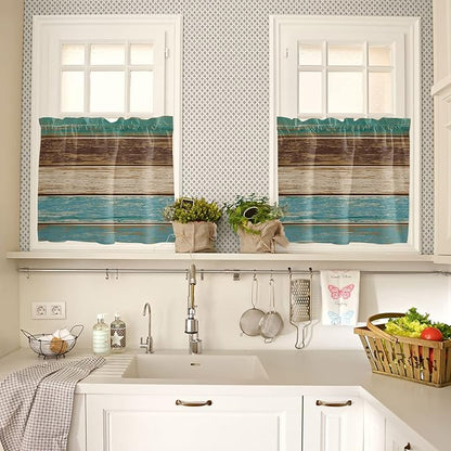 Kitchen Curtains and Valances Set,Rustic Farmhouse Window Treatments Tiers Retro Wood Teal Green Brown Semi Sheer Half/Short Curtains for Small Windows Cafe /Living Room/ Bedroom 54x36 in, 3-Piece
