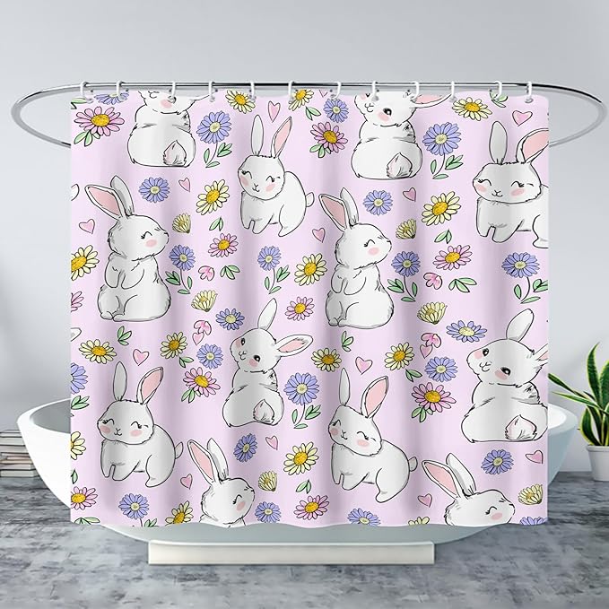 AILONEN Rabbit Bunny Shower Curtain for Bathroom,Cute Animal Shower Curtain Colorful Flower Decor Bath Curtain 36" W*72" H Polyester Fabric Waterproof Bathroom Bathtub Curtain with 12 Hooks
