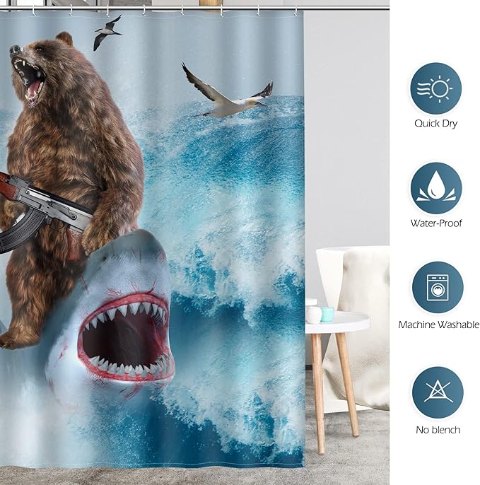Aimego Stall Small Shower Curtain - Funny Bear Riding Shark in Ocean Wave Fun Cool Crazy Narrow Half Fabric Cloth Bath Shower Curtain Set for Adults Bathroom Decor Accessories, 36"x72", Blue Brown