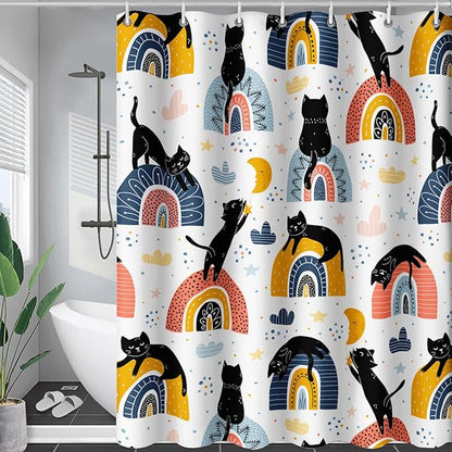 AILONEN Cat Shower Curtain, Rainbow Cat Bath Curtain,Cute Black Cat Bathroom Curtain Decor,Cat Lover Polyester Waterproof 72" W*96" H Shower Curtain (12 Hooks)