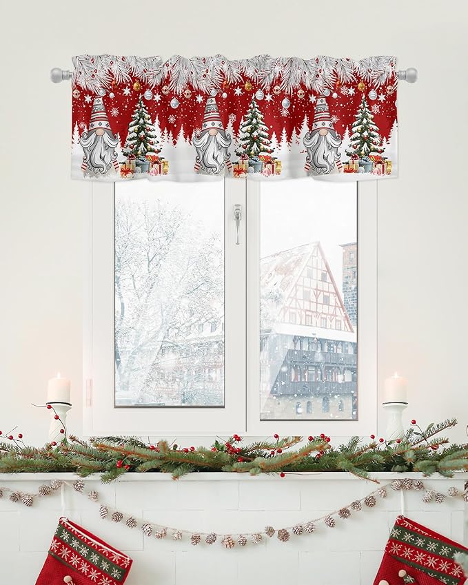 Christmas Gnome Valance Curtains for Kitchen Windows Winter Merry Christmas Tree Balls Rod Pocket Window Treatment Toppers for Kitchen/Living Room/Bedroom/Bathroom, 54" X 18", Red