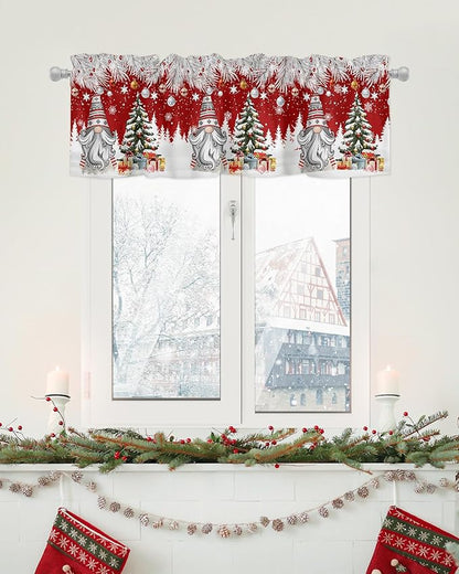 Christmas Gnome Valance Curtains for Kitchen Windows Winter Merry Christmas Tree Balls Rod Pocket Window Treatment Toppers for Kitchen/Living Room/Bedroom/Bathroom, 60" X 18", Red