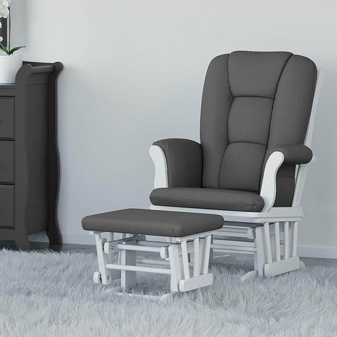 Storkcraft Tuscany Custom Glider and Ottoman with Free Lumbar Pillow (White/Grey) - Cleanable Upholstered Comfort Rocking Nursery Chair with Ottoman