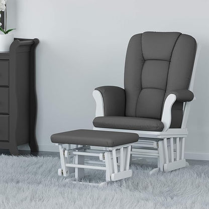 Storkcraft Tuscany Custom Glider and Ottoman with Free Lumbar Pillow (White/Grey) - Cleanable Upholstered Comfort Rocking Nursery Chair with Ottoman