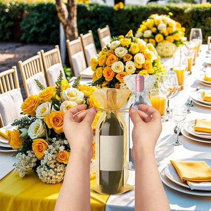 Megitzuu 20 Pieces Organza Wine Bags, 14.6 x 5.5 Inch Wine Gift Bag with Drawstring Sheer Mesh Wine Gift Pouches Bottle Covers for Halloween Christmas Wedding Party Favors (Gold+White)