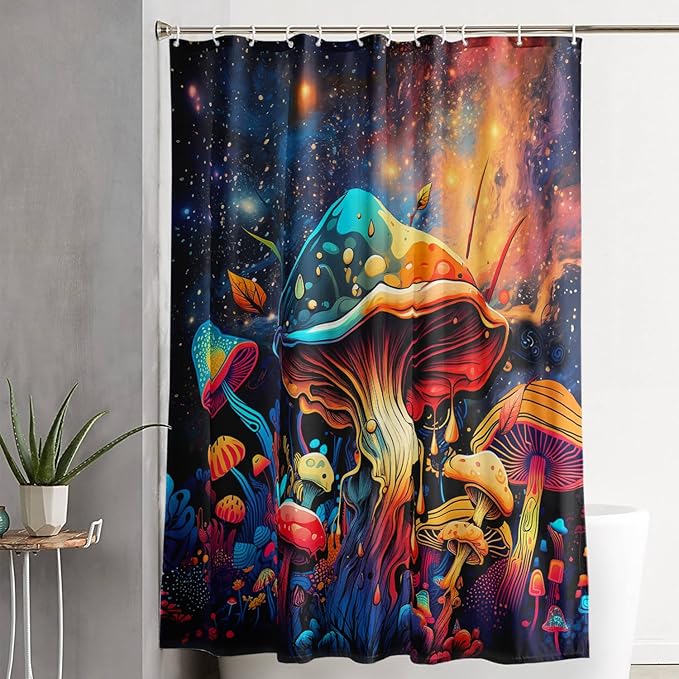 AILONEN Cartoon Magic Mushroom Shower Curtain,Funny Mushroom Waterproof Fabric Shower Curtain Set for Kids Girls,Boho Natural Plants Starry Night Shower Curtain with Hooks for Bathroom, 36" W*72" H