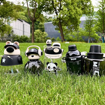 Black Leak-Proof Water Bottle with Flip Top Reusable Plastic Drinking Bottle for School, Gym and Workout (Bear with Earphone)