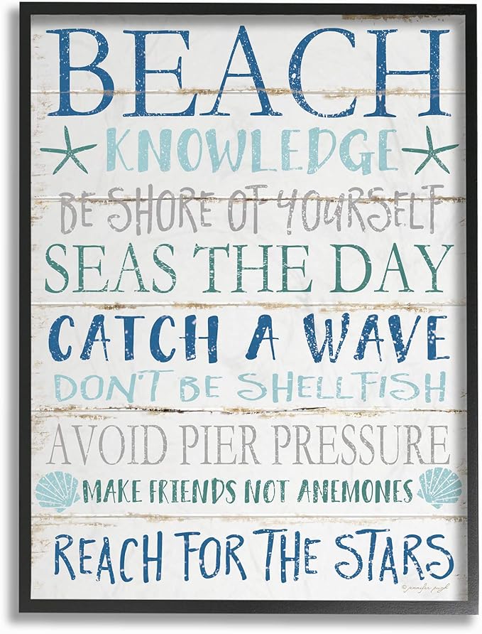 Stupell Industries cwp-367 Beach Knowledge Blue Aqua and White Planked Look Sign Wall Art, 16 x 20, Black Framed