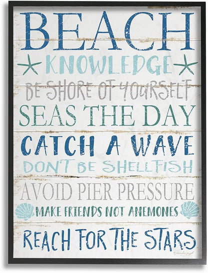 Stupell Industries cwp-367 Beach Knowledge Blue Aqua and White Planked Look Sign Wall Art, 16 x 20, Black Framed
