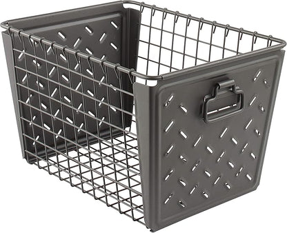 Spectrum Diversified Macklin, Stamped Steel & Wire Basket for Closet & Cubby Storage Vintage-Inspired Design with Customizable Label Plate, Medium, Industrial Gray, 1 Count (Pack of 1)