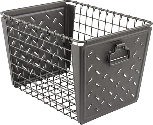 Spectrum Diversified Macklin, Stamped Steel & Wire Basket for Closet & Cubby Storage Vintage-Inspired Design with Customizable Label Plate, Medium, Industrial Gray, 1 Count (Pack of 1)