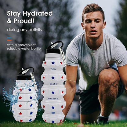 American Flag Collapsible Water Bottle 19.6 oz - US Flag Leak Proof Water Bottle - Patriots Gifts for Men Women - Silicone & Reusable - Independence Day Patriotic Accessories - God Bless America Decor