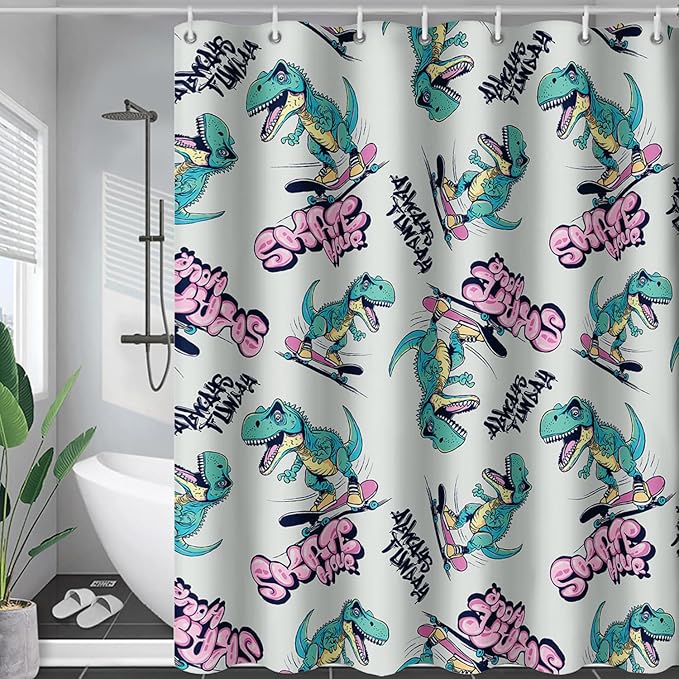 AILONEN Cute Dinosaur Kids Shower Curtain,Sport Cool Dinosaur Bath Curtain Gifts for Boys Teens,Skate Dinosaur Polyester Waterproof for Bathroom with 12 Plastic Hooks 60" W*72" H