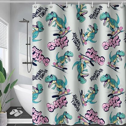 AILONEN Cute Dinosaur Kids Shower Curtain,Sport Cool Dinosaur Bath Curtain Gifts for Boys Teens,Skate Dinosaur Polyester Waterproof for Bathroom with 12 Plastic Hooks 72" W*72" H