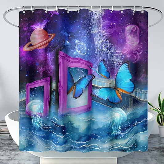 AILONEN Blue Butterfly Shower Curtains,Purple Galaxy Bath Curtains for Bathroom for Girls,Blue Ocean Jellyfish Curtains,Polyester Waterproof with 12 Hooks 60" W*72" H