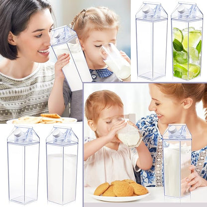 KALYLOC 4Pcs 34 Oz Milk Carton Water Bottle, Clear Plastic Square Milk Bottles, Portable Reusable Milk Box Juice Water Container for Travelling Sports Camping Outdoor Activities (Clean 4pcs)